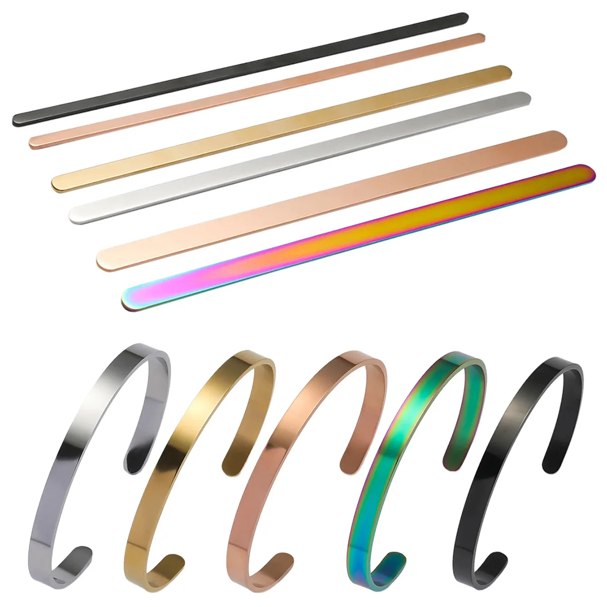 Smooth Strip Open Stainless Steel C-Shaped Bracelet Support Custom Logo Engraved Bangle Women