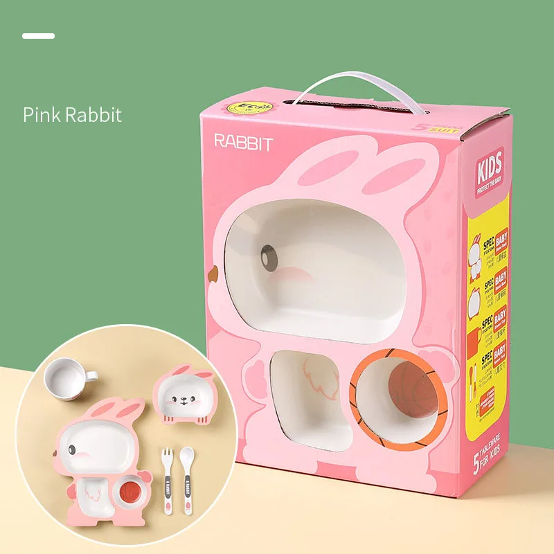 bamboo fiber children tableware kids plates and bowls Biodegradable baby feeding dishes 5pcs cartoon divided plate set