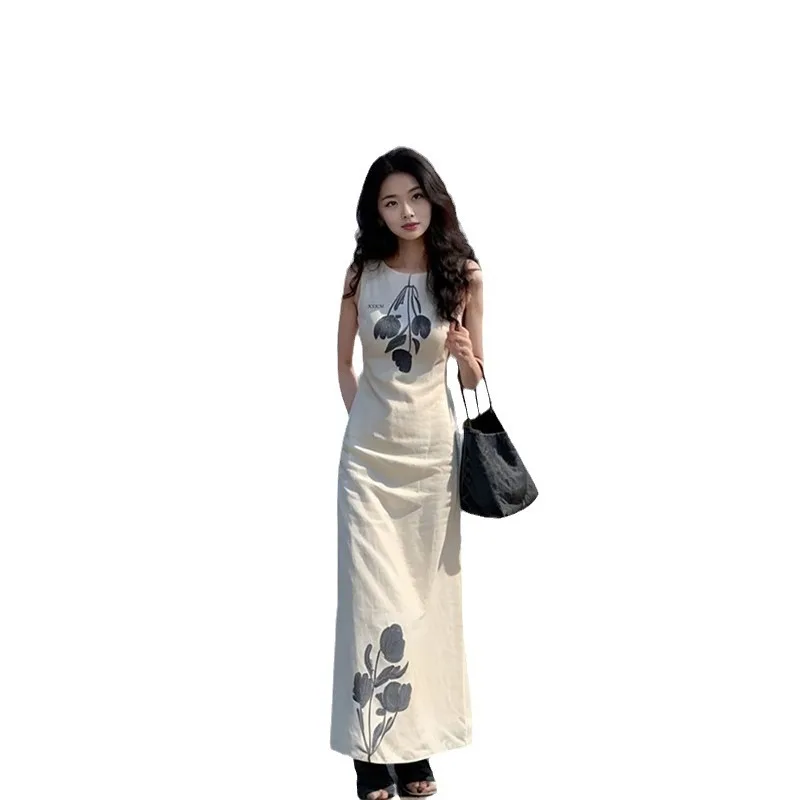 New Chinese Style Women Floral Sleeveless Slim Long Dress Ladies Causal Dresses
