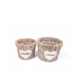 New design baby gift sweet rattan plastic basket with heart shape label woven storage basket handmade nature paper rope