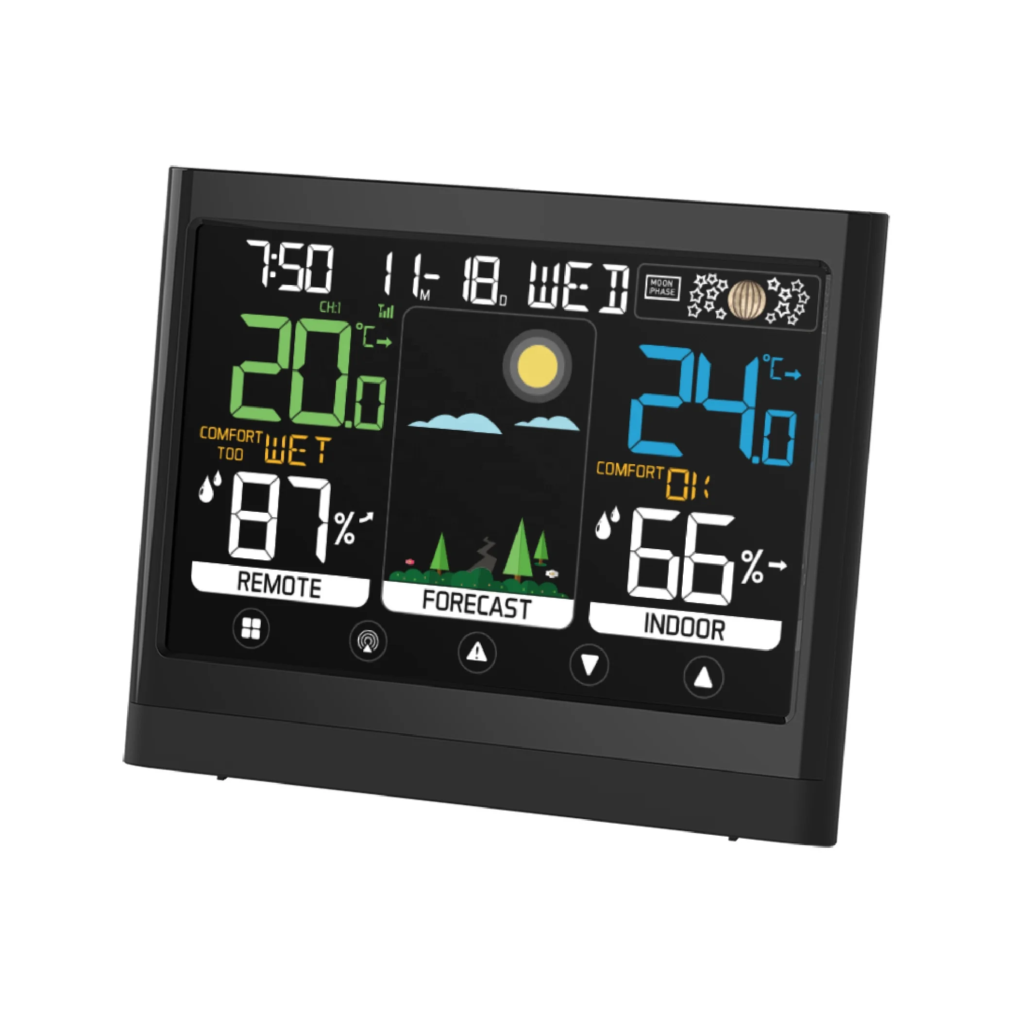 433MHz wireless RF color weather station clock with touch keys and indoor outdoor temperature humidity moldy risk alert