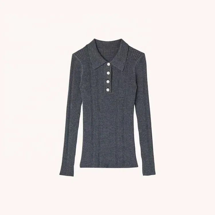 Knitwear manufacturers custom fall winter gray polo collar long sleeve ribbed knit women sweater
