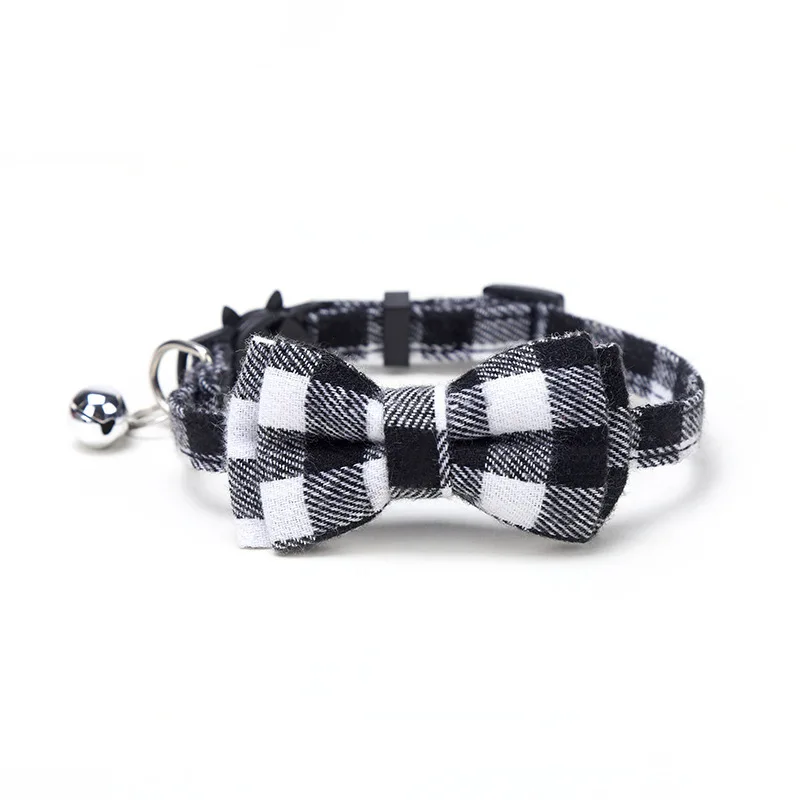 Checkered Fabric Pet Bell Collar with Bow Tie Sticker and Buckle Style New Pet Accessory