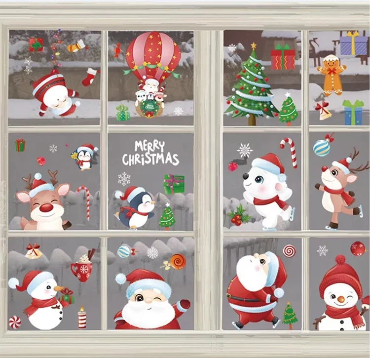 New hot air balloon santa claus elk snowman waterproof christmas tree window stickers