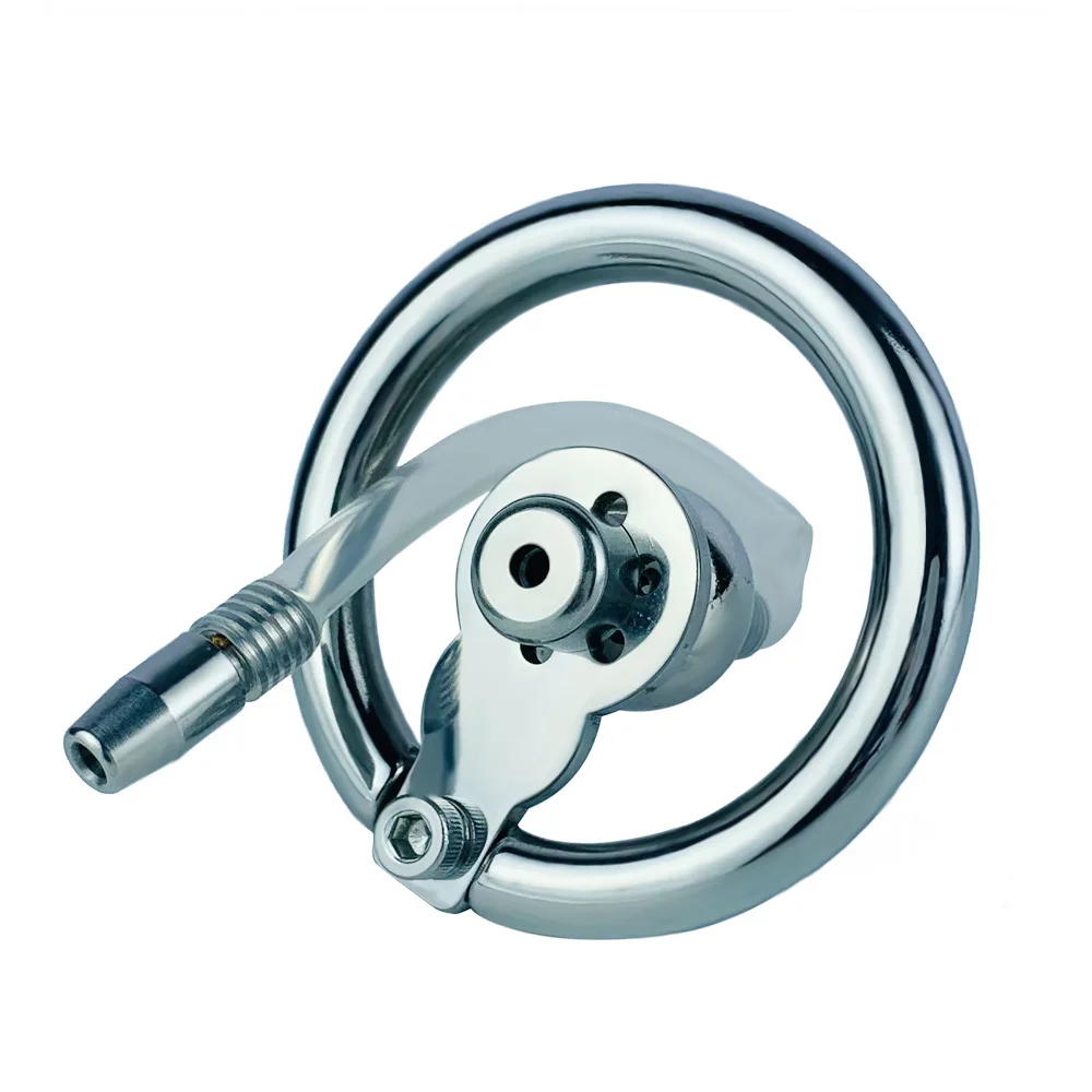 FRRK 304 stainless steel  flat hardcore metal short cock ring penis cage with catheter chastity cage for male