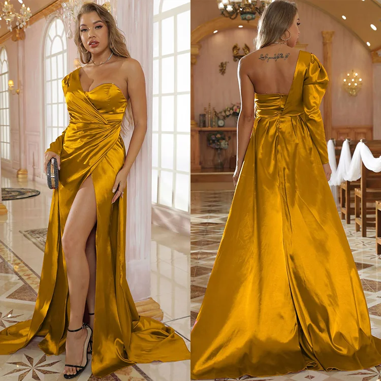 robe de soiree New Long Sleeve Satin Dress Long Slit One Shoulder Trailing Banquet Evening Dress