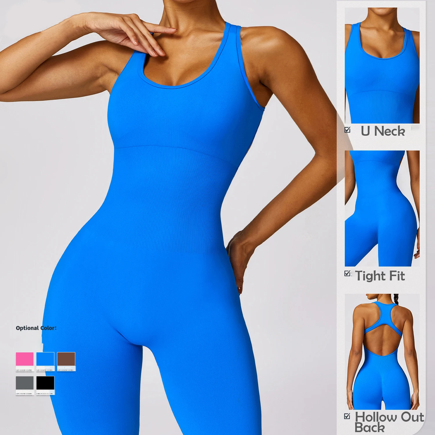 Good Quality Ladies Seamless Ribbed One Piece Hollow Out Back Jumpsuit Female Fitness Sleeveless Tight Fit Yoga Bodysuits