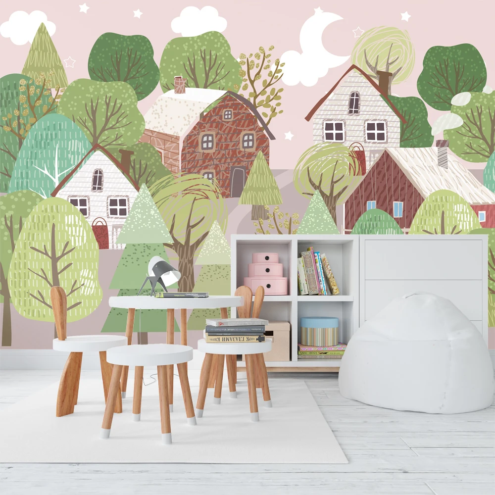 Custom 3d Photo Wallpaper For Kids Room Cartoon Hand Drawn House Tree Mural Wallpaper