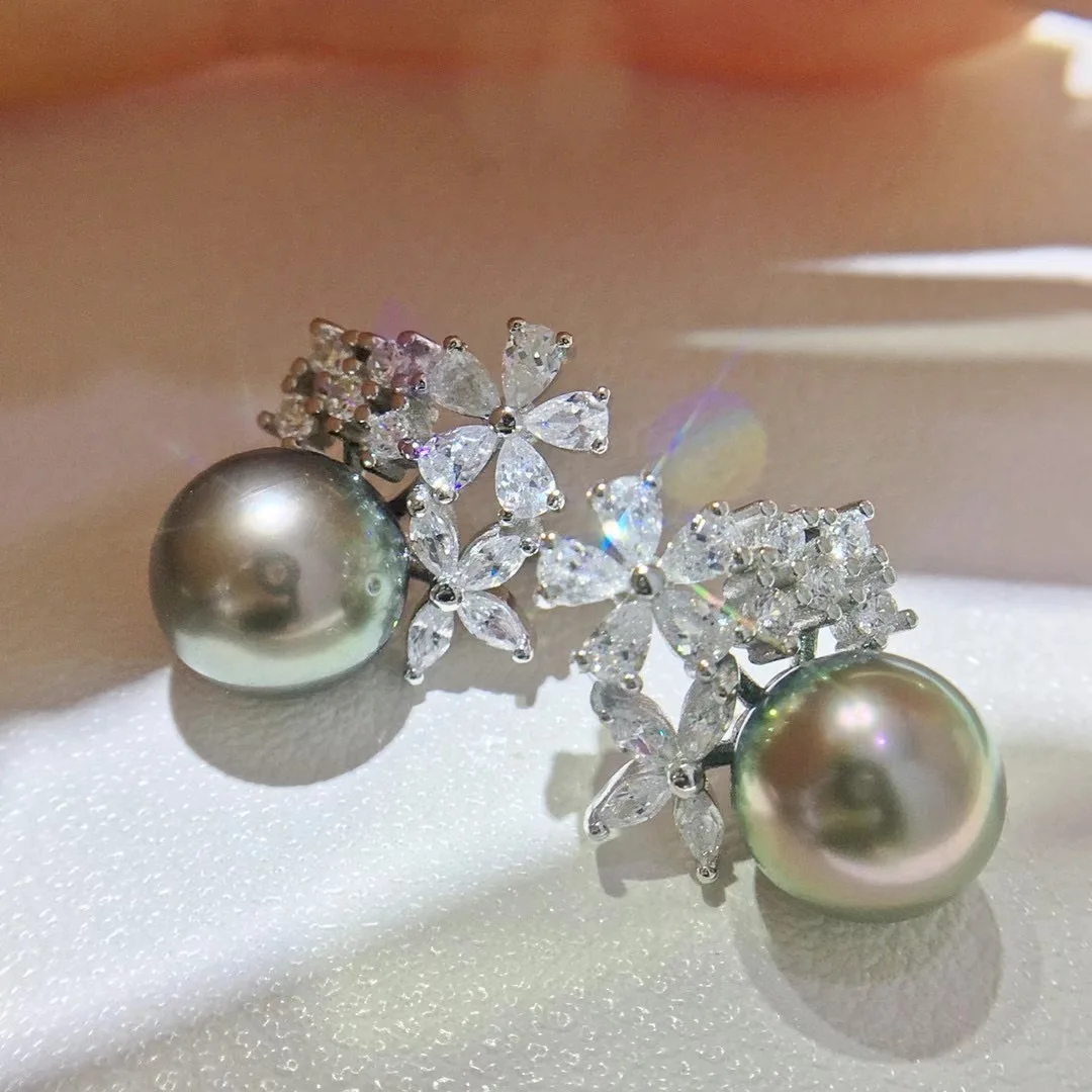 8mm Generous Black Tahiti Pearls Round Shape Freshwater Artificial Zircon Jewelry Pearl Earrings  Elegant