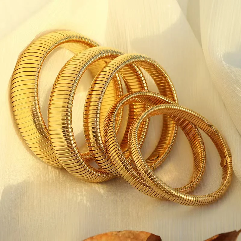 PDANY Vintage 18k Gold Plated Texture Elastic Bracelet Bangle Women Punk Stainless Steel Snake Bone Chain Stretch Bracelets