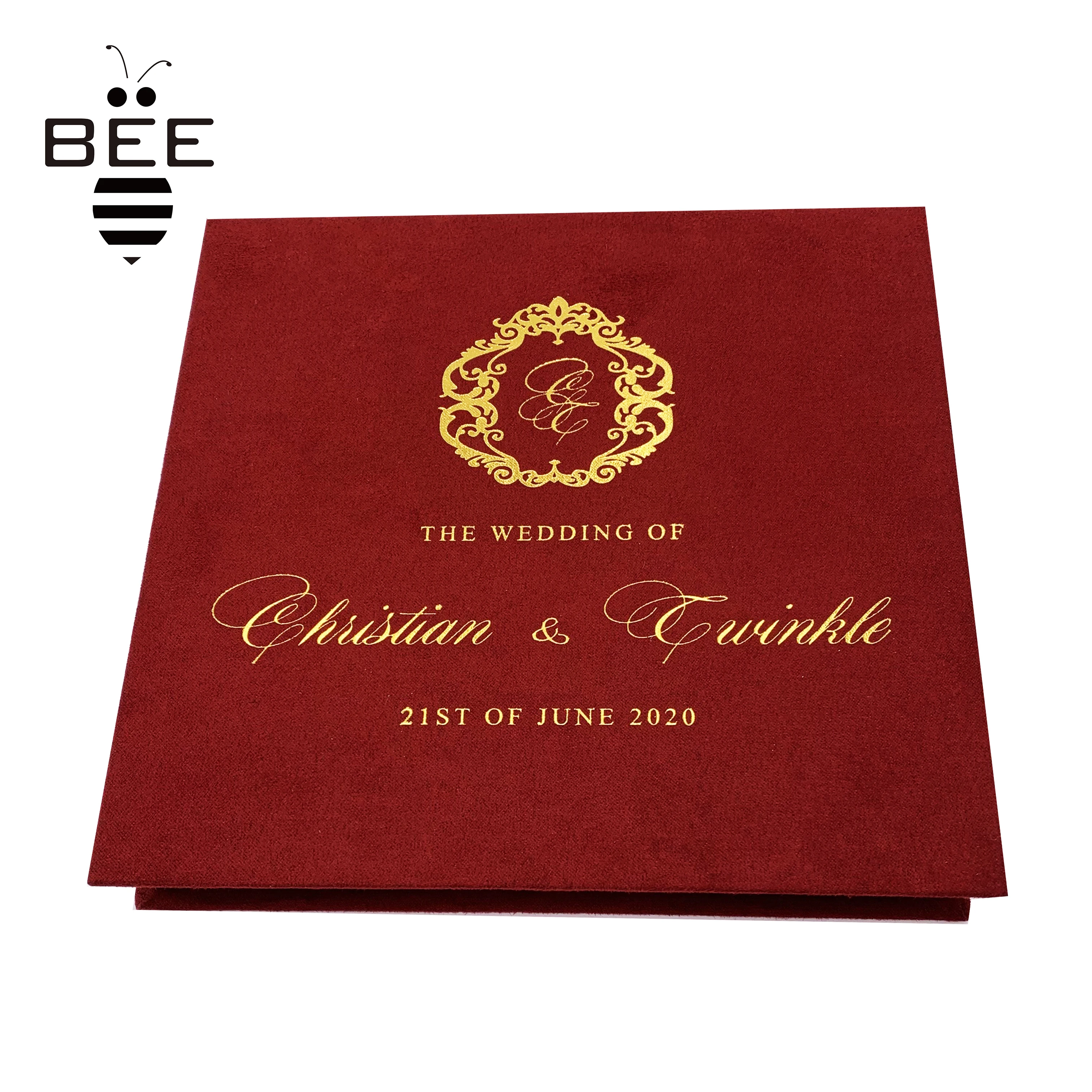 Invitation card packing red box cardboard luxury packaging boxes with paper velvet insert for wedding invitation