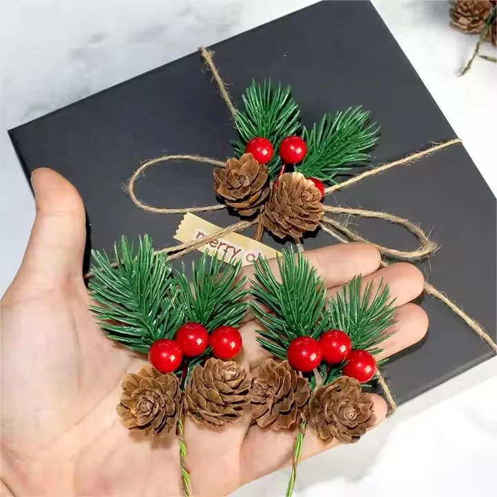 YUWEI Red Berry Pinecones Pine Needles Stems Artificial Winter Christmas Berries Picks Decor For Christmas