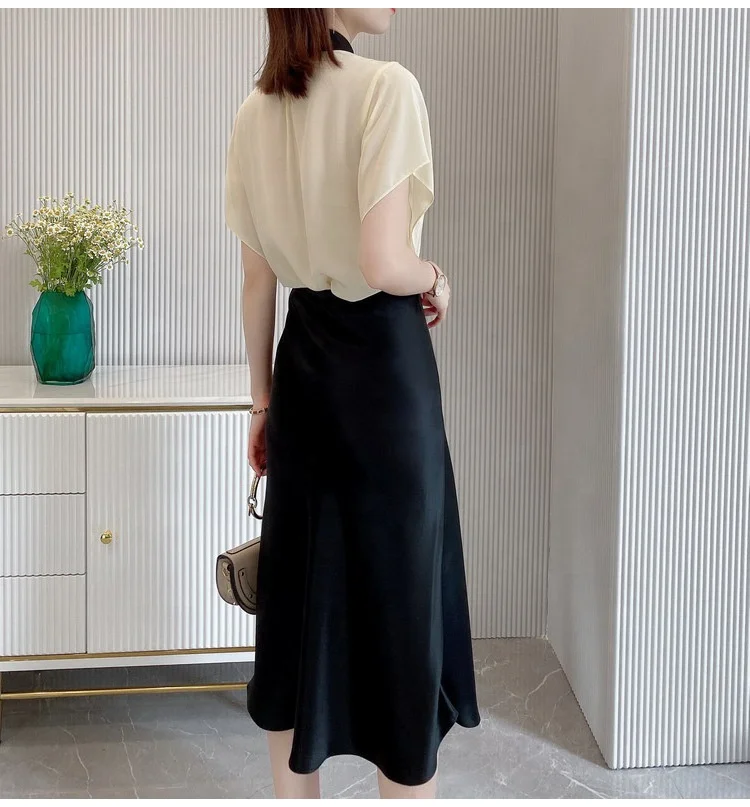 Wholesale French Elegance Girls Latex Green Satin acetate Midi Skirts Stretchy A-line Umbrella Full Flared Skirt For