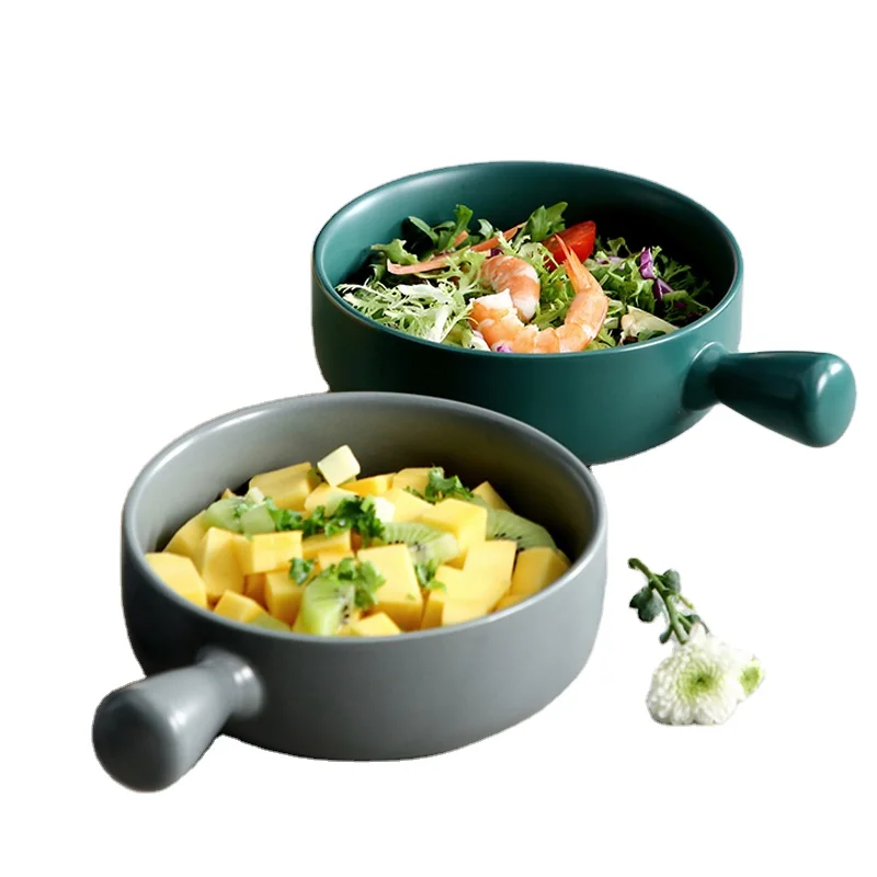 Ceramic pan solid color matt glaze bowl with handle ceramic soup bowl
