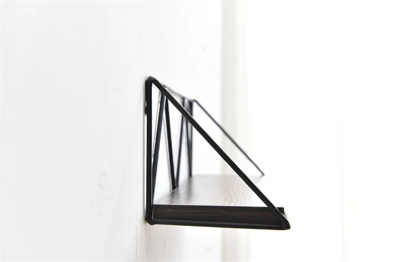 Vintage beauty products display wooden wall mounted shelf with metal frame, rustic decoration wall shelf for living room