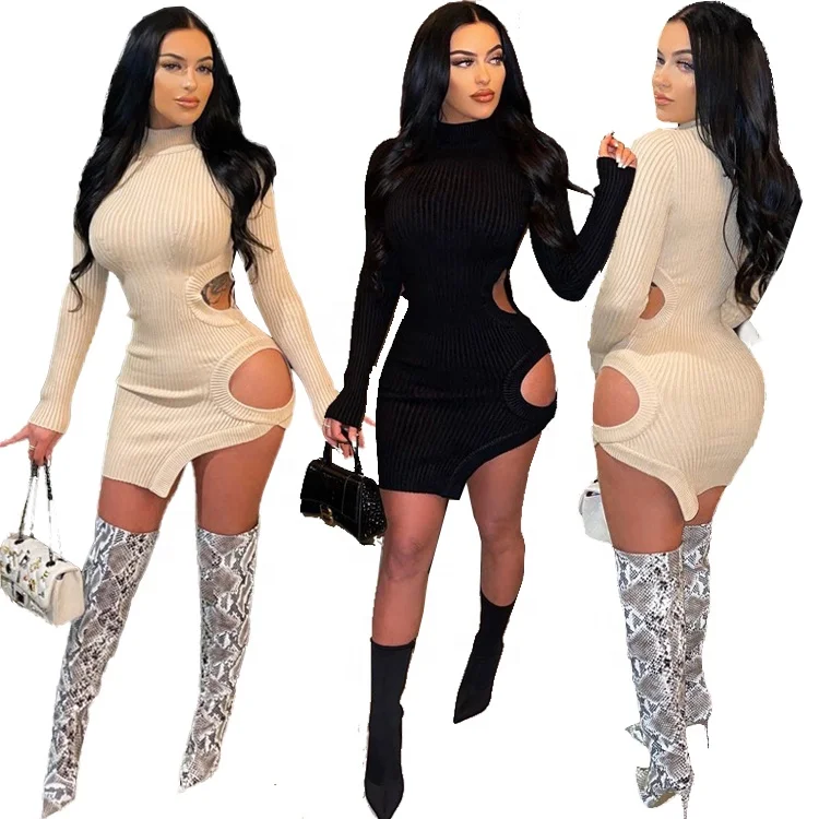 New Prettylittlething Women Cute Casual Ruched Mock Neck Drawstring Long Sleeve Bodycon Ribbed Hollow Out Dress Women Elegant
