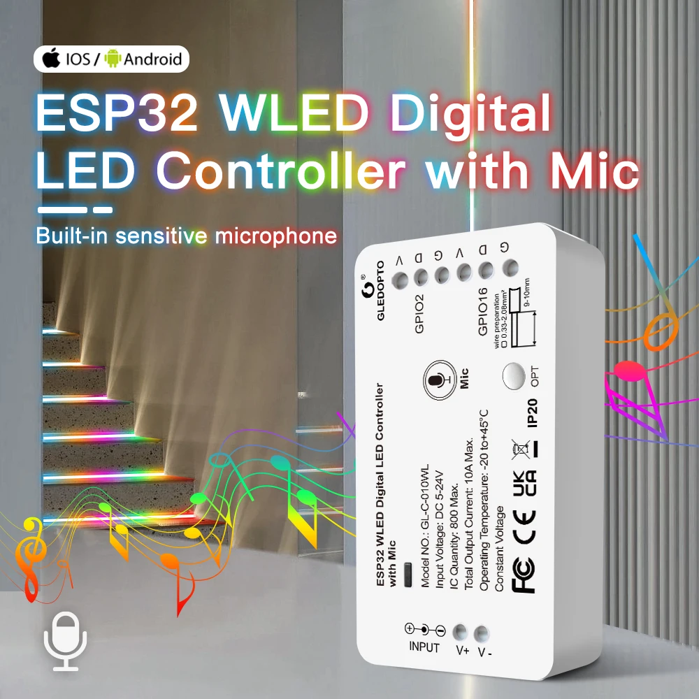 Контроллер Gledopto WLED ESP32 5- 24 В DC IC RGB со светодиодным управлением UART с голосовой функцией Wi-Fi и микрофоном