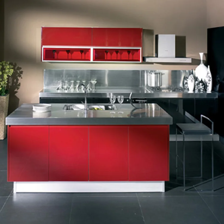 Glossy red with black built-in color indian style kitchen design