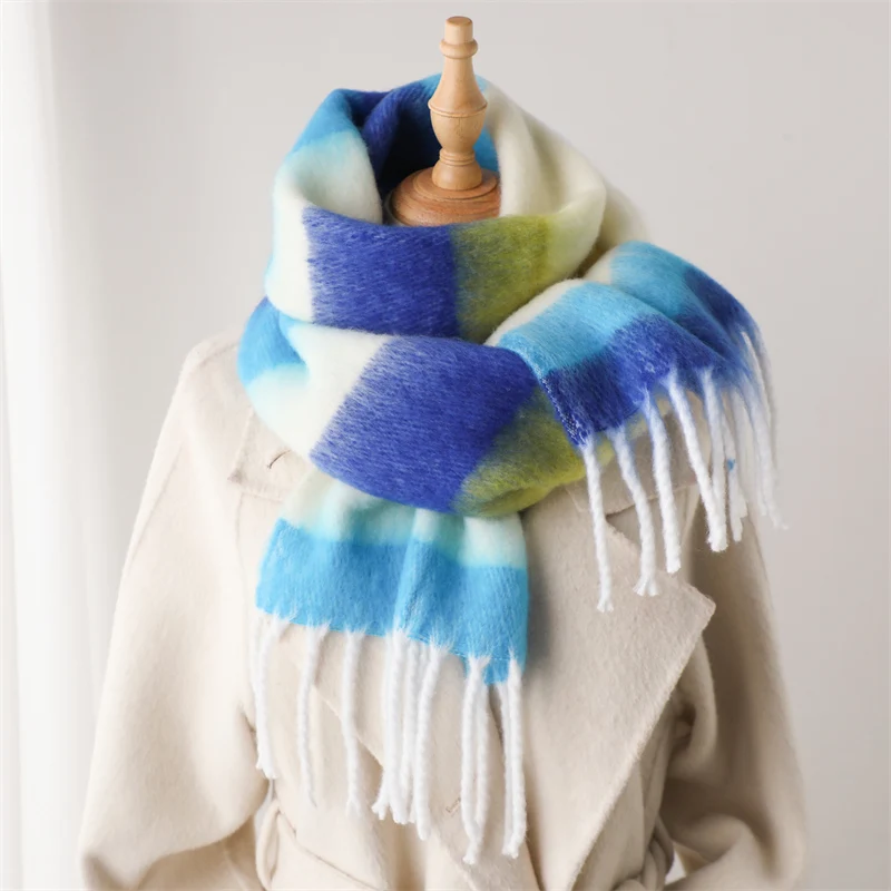 Fashion Thick Warm Scarf for Women Striped Print Long Imitate Cashmere Blanket Stoles Girls Rainbow Pashmina Bufanda With Tassel