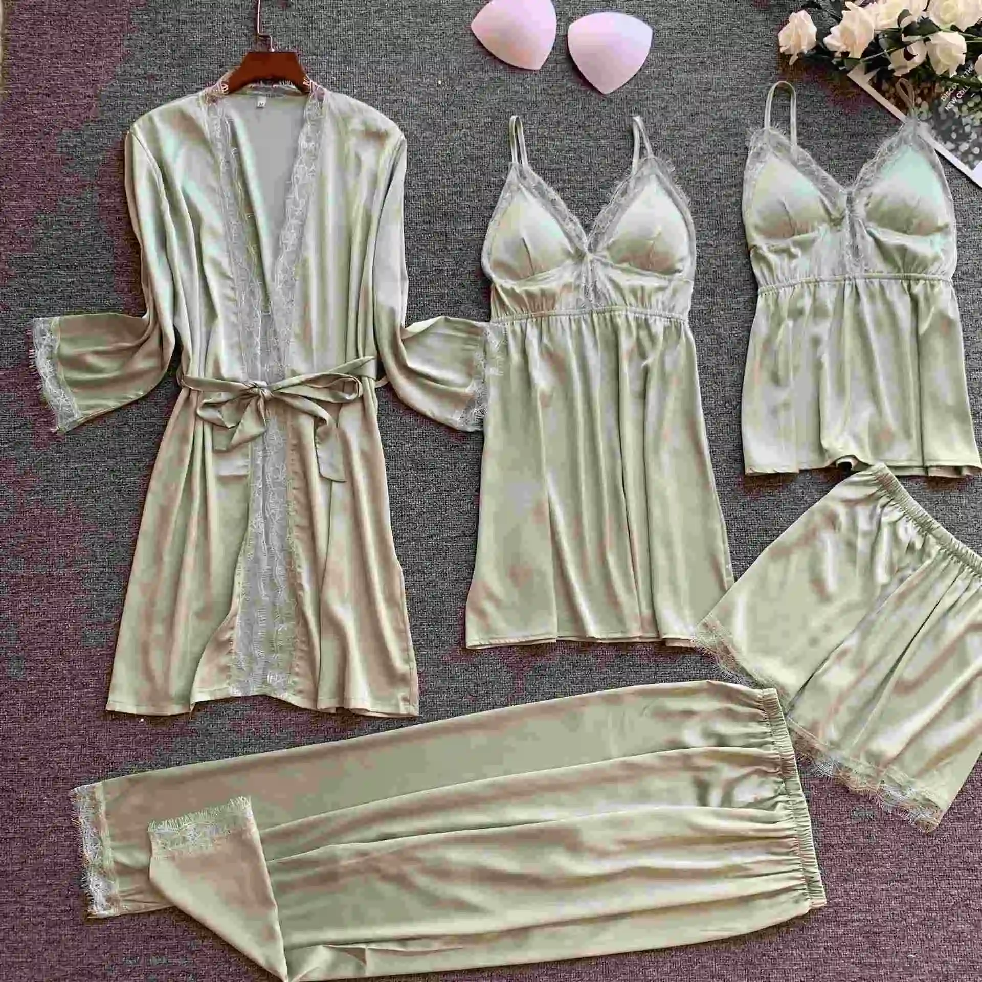 
NEW ARRIVAL wholesale 5 piece Satin Robe sets sexy lace babydoll for women summer lingerie Silky cami pajama set 