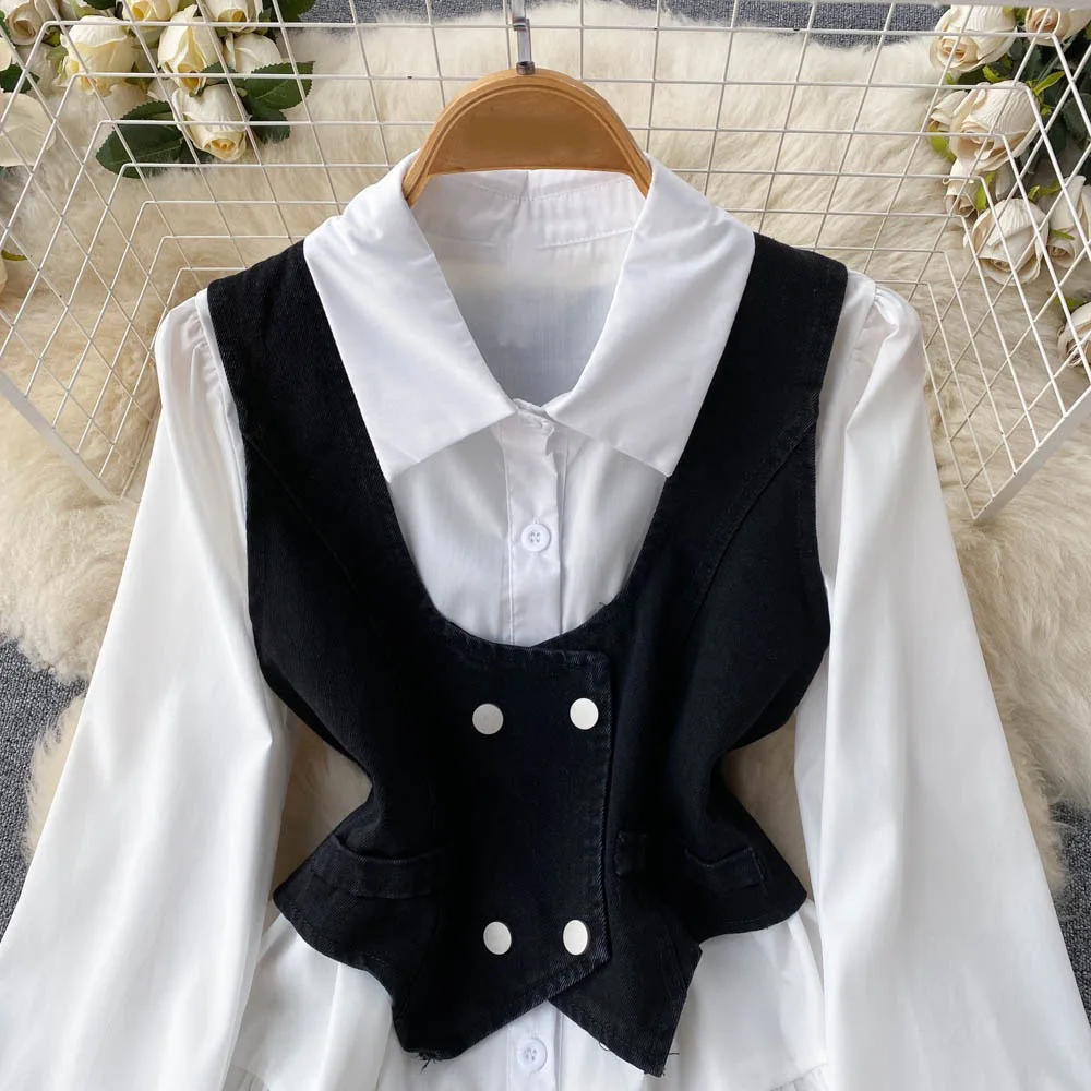 High quality fall set woman pearl sling vest denim top long sleeve dress two piece skirt set