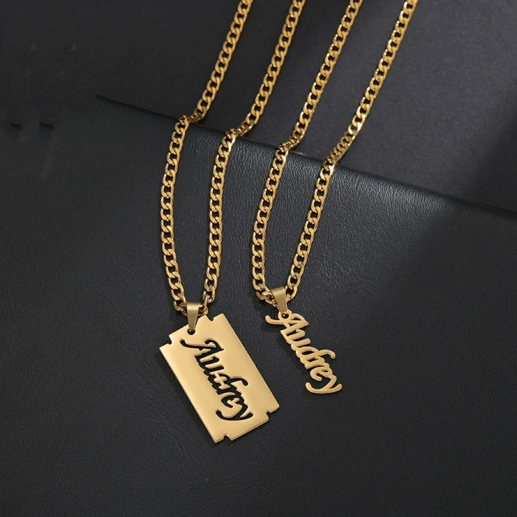 Chain Jewelry Jewellery Manufacturer blade shape Pendant Stainless Steel Logo Name Plate Gold Design Custom Engraved Necklace