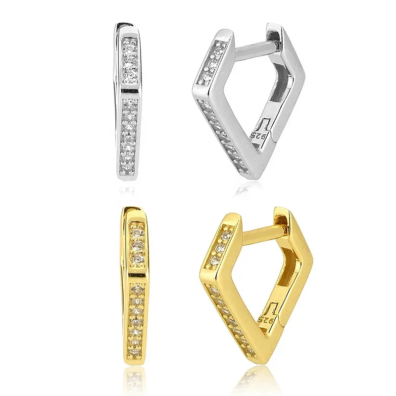 925 Sterling Silver Rhombus Triangle Zircon CZ Crystal Huggies Hoops 2021 Piercing Luxury Pendiente Jewelry Rock Punk