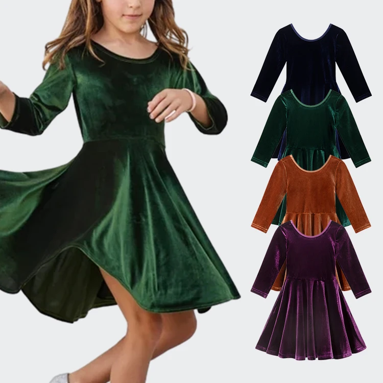 Kids Girls 3/4 Sleeve Velvet Casual Skater Twirly Dress Christmas Winter Velvet Dress For Baby Girls