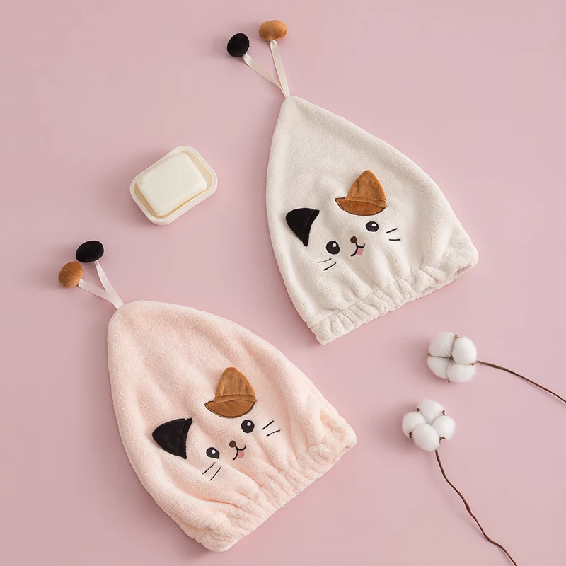 Bilov Japan Style Dry Hair Cap Cartoon Cat Elastic Bath Shower Cap Super Absorbent Microfiber Hair Drying Towel