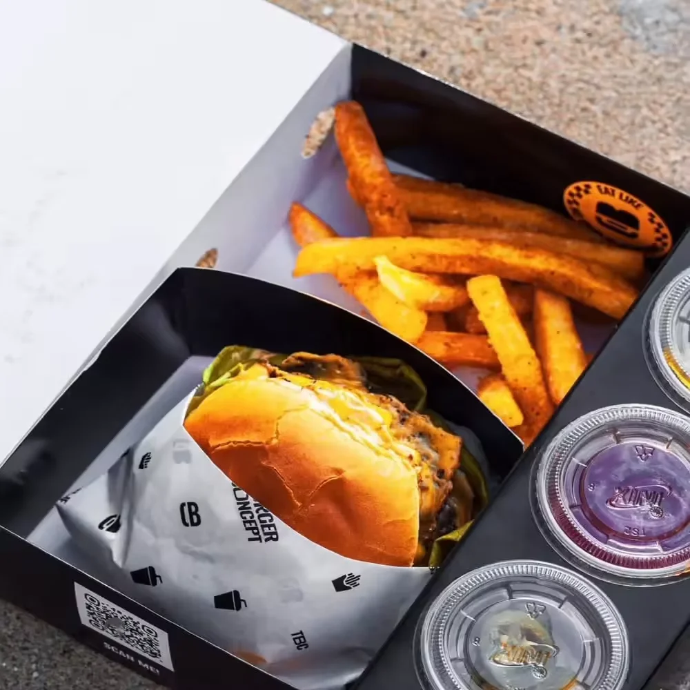 Custom Disposable Food Package Black Luxury Paper Fast Food Fried Chicken Burger French Fries Packaging Box Sauce  Divider