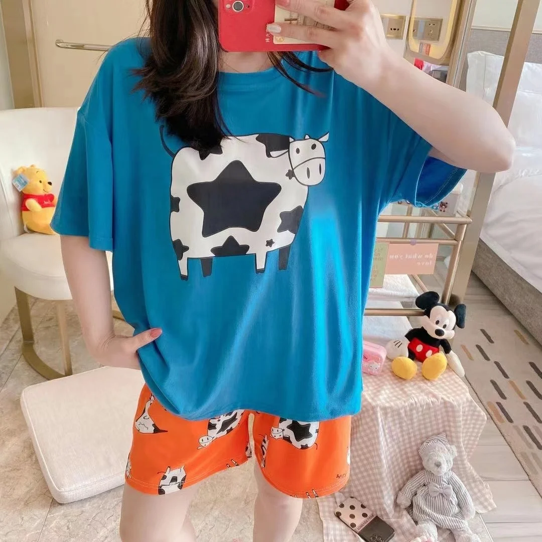 Wholesale Summer New Hot Short Sleeve Short-pants Cow Printed Pajamas Sets Cool Soft Milk Silk Cartoon Printed Women Sleepwear