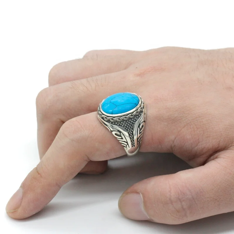 Wholesale S925 Silver Blue Turquoise Stone Rings for Men Turkish Jewelry