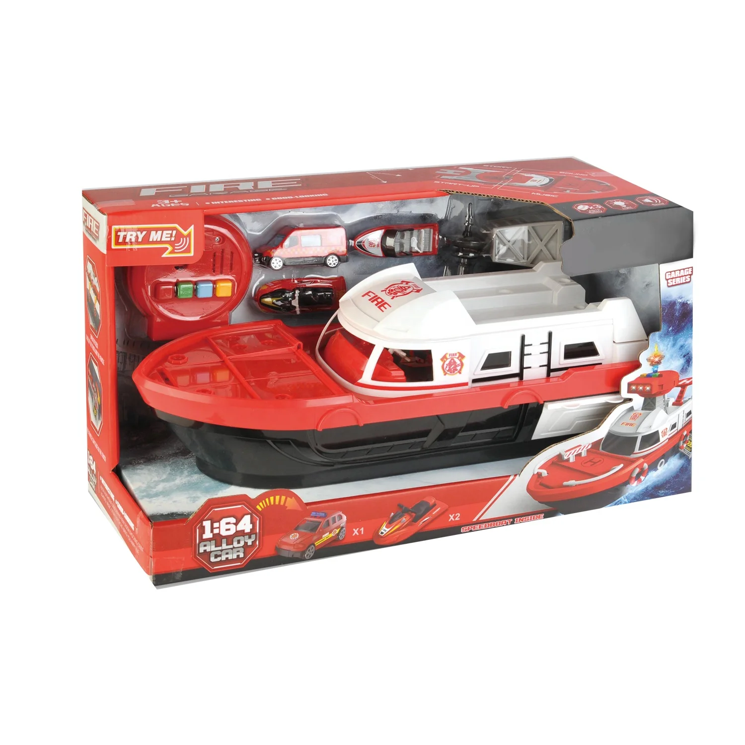 Sliding storage boat with light Deformation Ship Parking Lot Play Set with motorboat and die cast car