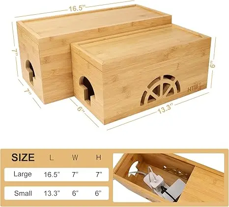 Factory Supply Home Wooden Magnetic Large & Small Bamboo Cord Organizer Cable Management Box  To Hide Wires