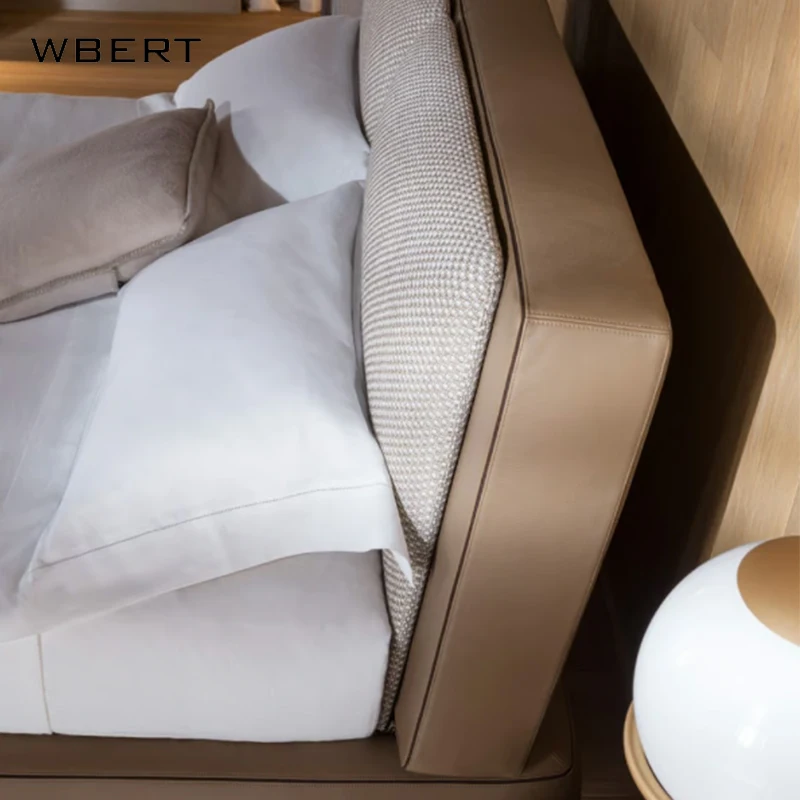 WBERT Italian 1.8m Modern Double Bed Minimal Leather & Solid Wood Frame with Metal & Fabric Soft Upholstered Bed