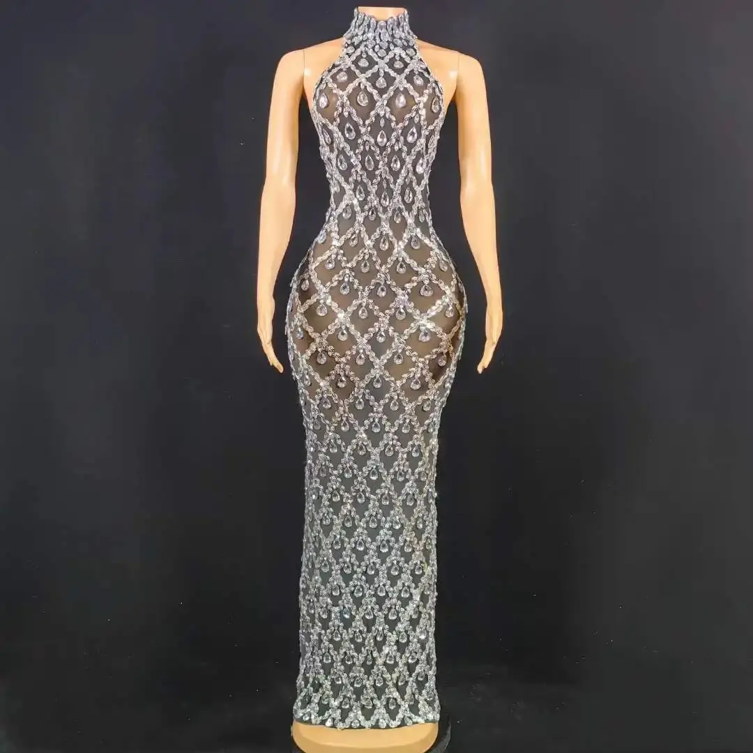 Shining Rhinestone Birthday Long Dress Women Sexy Drag Queen Outfit Stage Performance Wear Backless Nightclub Costume