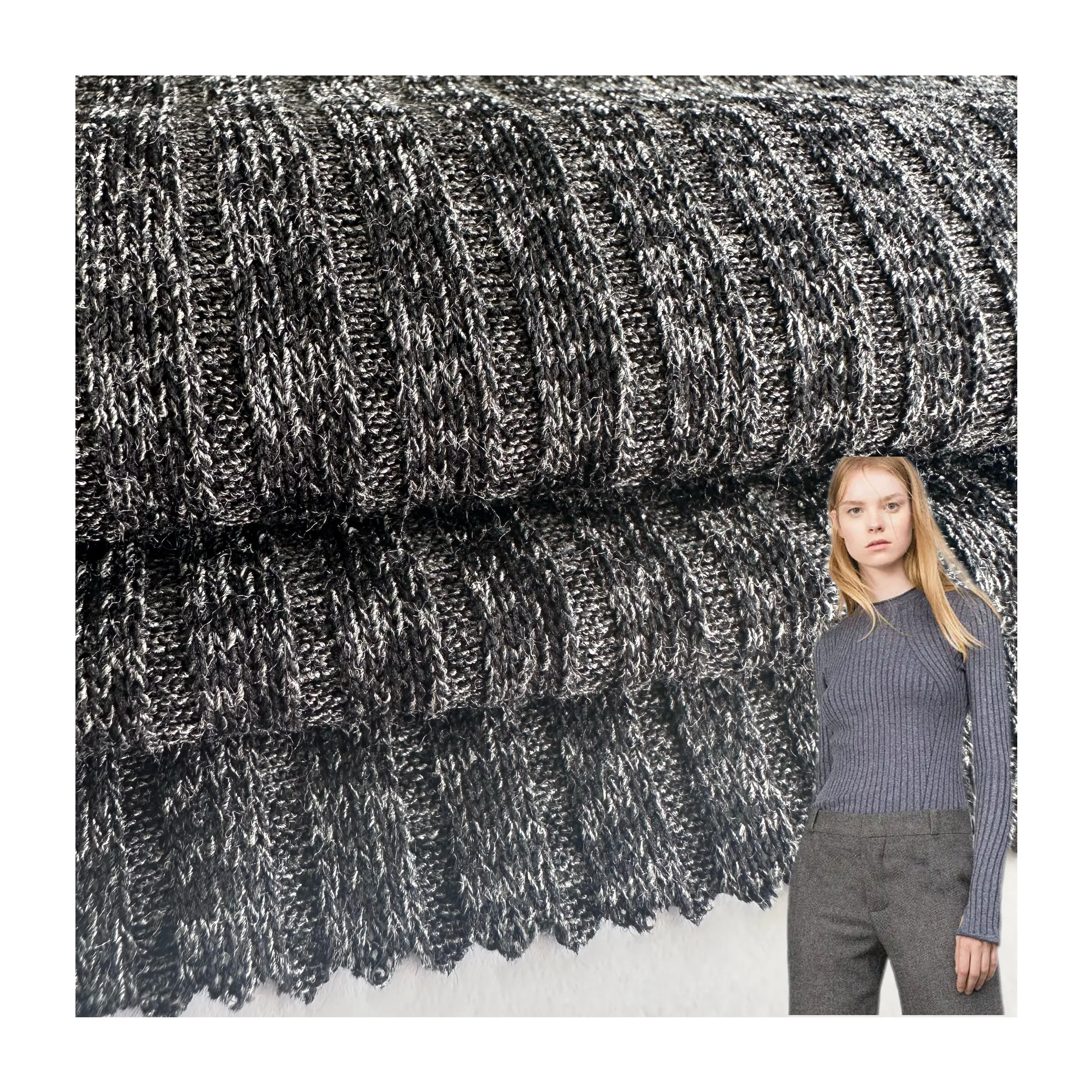 New fashion hemp grey melange rib fabric 79 polyester 17 viscose 4 spandex TR knit 5x4 rib jacquard fabric for sweater