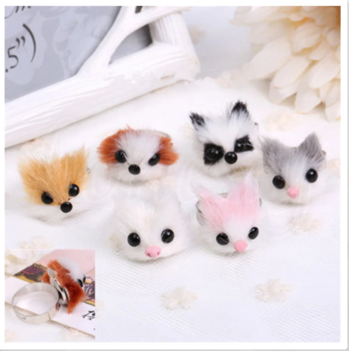Fashion Cute Furry Animals Head Ring Cat Dog Fox Lovely Finger Ring Adjustable Random