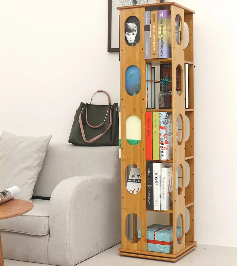 
360 Rotating Storage Holders Racks Morden Design Eco Friendly Bamboo Corner Bookcase Furniture Book Storage Shelf Bookshelf 