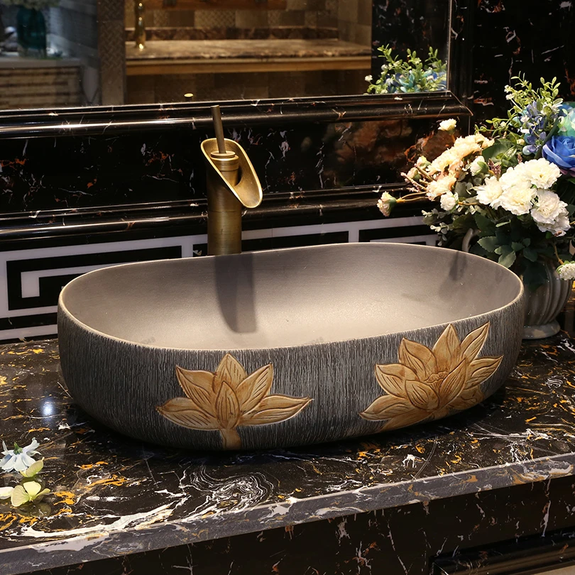 Vintage Lotus Art Platform Pot Home Chinese Ceramic Wash Basin Balcony Toilet Platform Wash Basin
