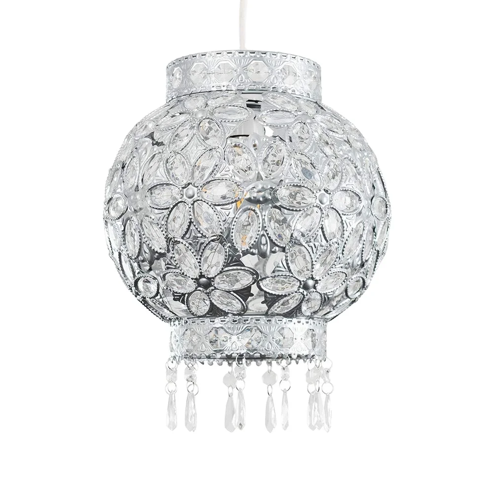 Traditional Moroccan Bazaar Style Silver Chandelier Ceiling Light Pendant Shade with Beautiful Clear Acrylic Flower Design Jewel