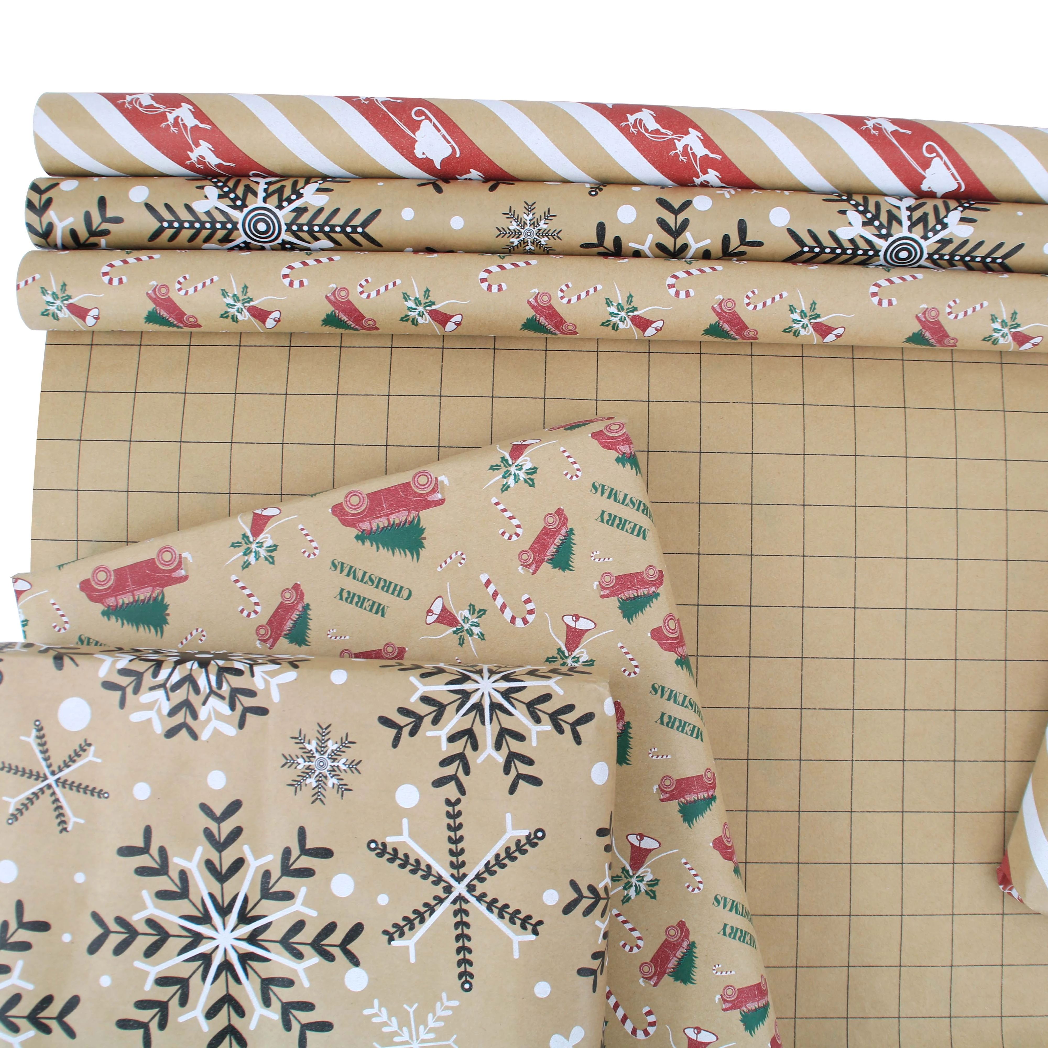 3 roll -30inch*16feet per roll wrapping paper Christmas Brown kraft paper with red and green pattern for Christmas elements6