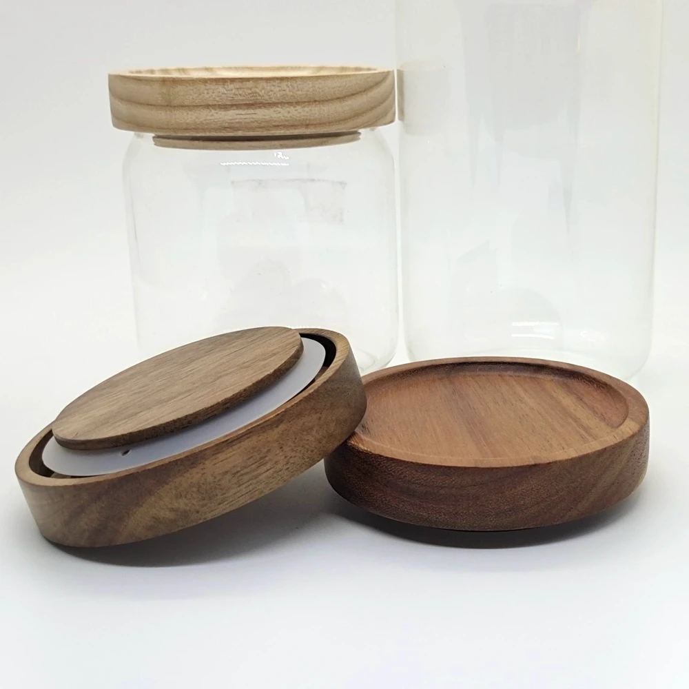 Kitchen Clear High Borosilicate Glass Jars With Eco-friendly Custom Wood Lids For Storage Of Tea Food Salt And Sugar