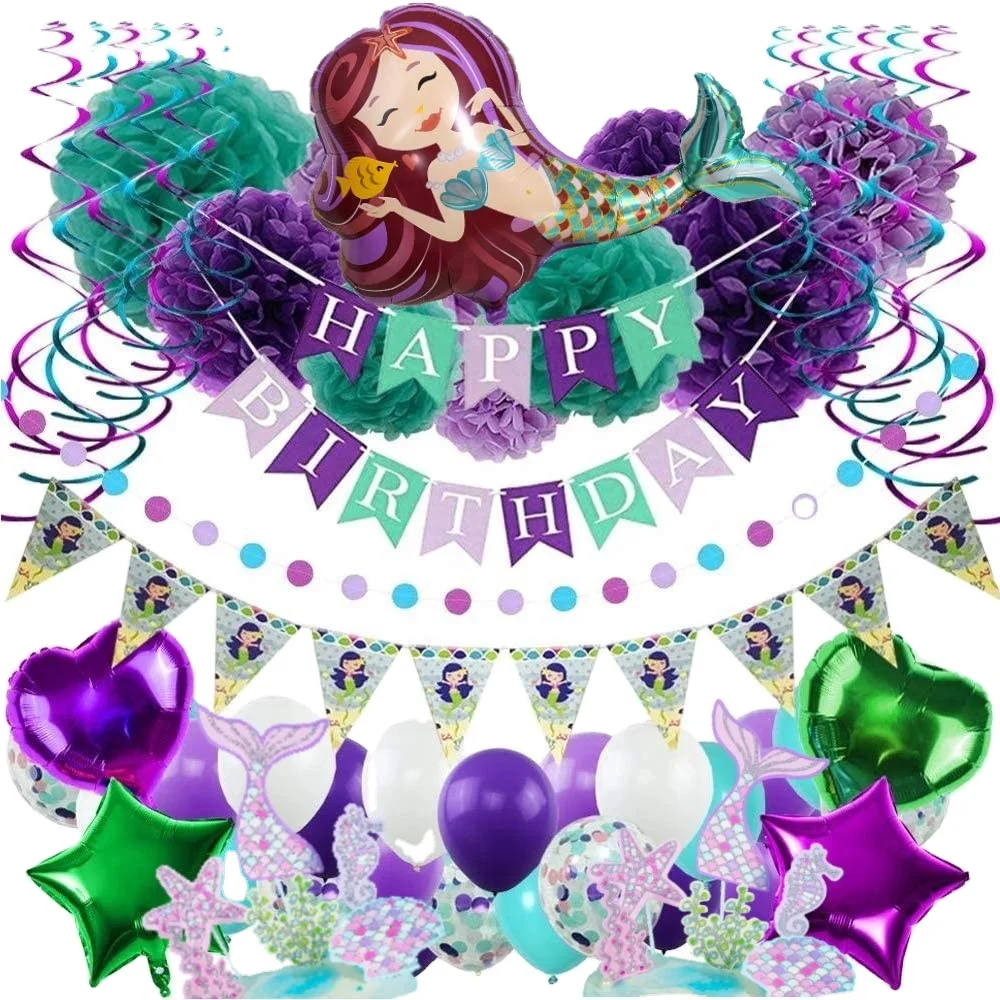 Mermaid Party Decorations  Happy Birthday Supplies Ariel Little Princess Under the Sea Decor for Girls  Pool Ocean Kids Party