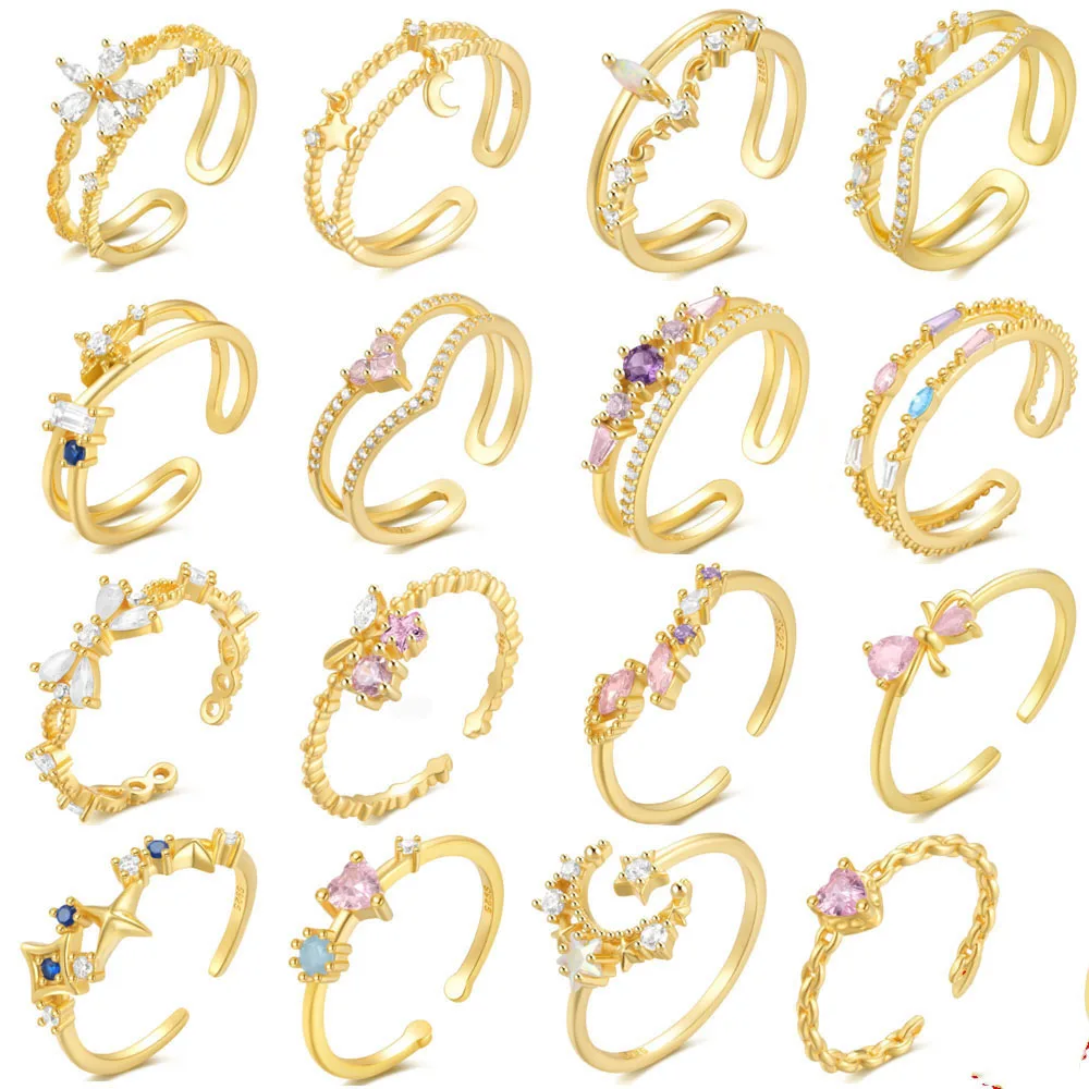 S925 Sterling Silver Adjustable Beautiful Pink Shining Crystal Finger Rings