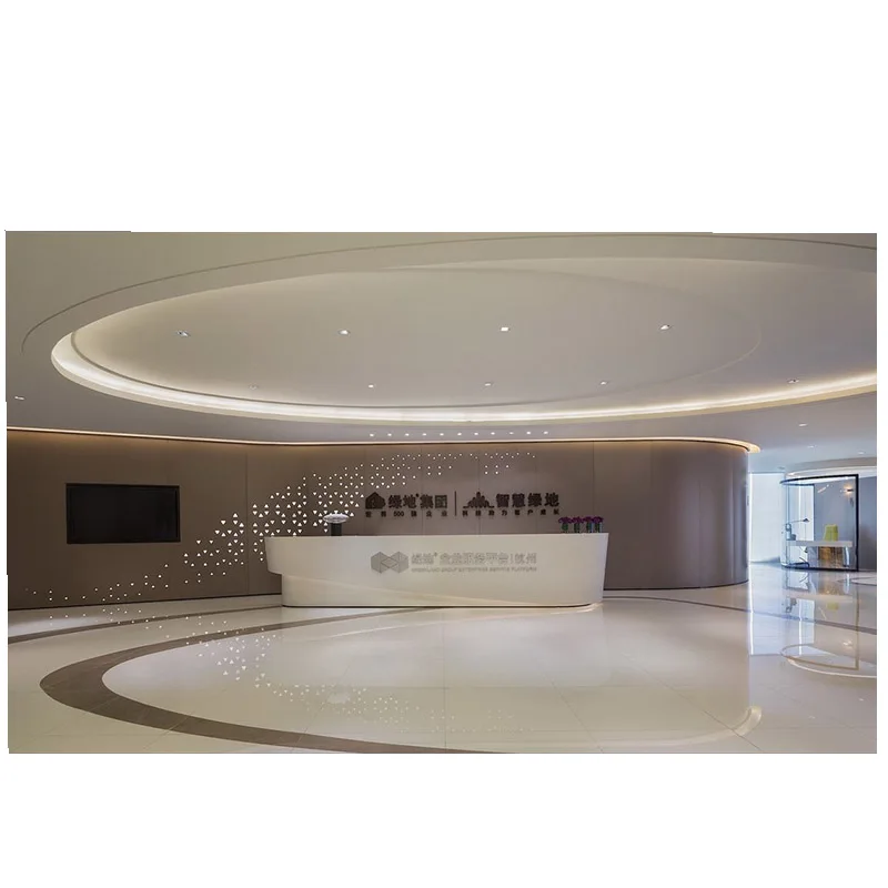 Curved streamlined office front desk display cabinet design, customized reception display rack, wooden island cabinet