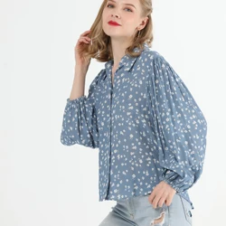 Ladies Elegant Fashion Spring Long Lantern Sleeve Turn Down Collar Shirts Blouse for Women
