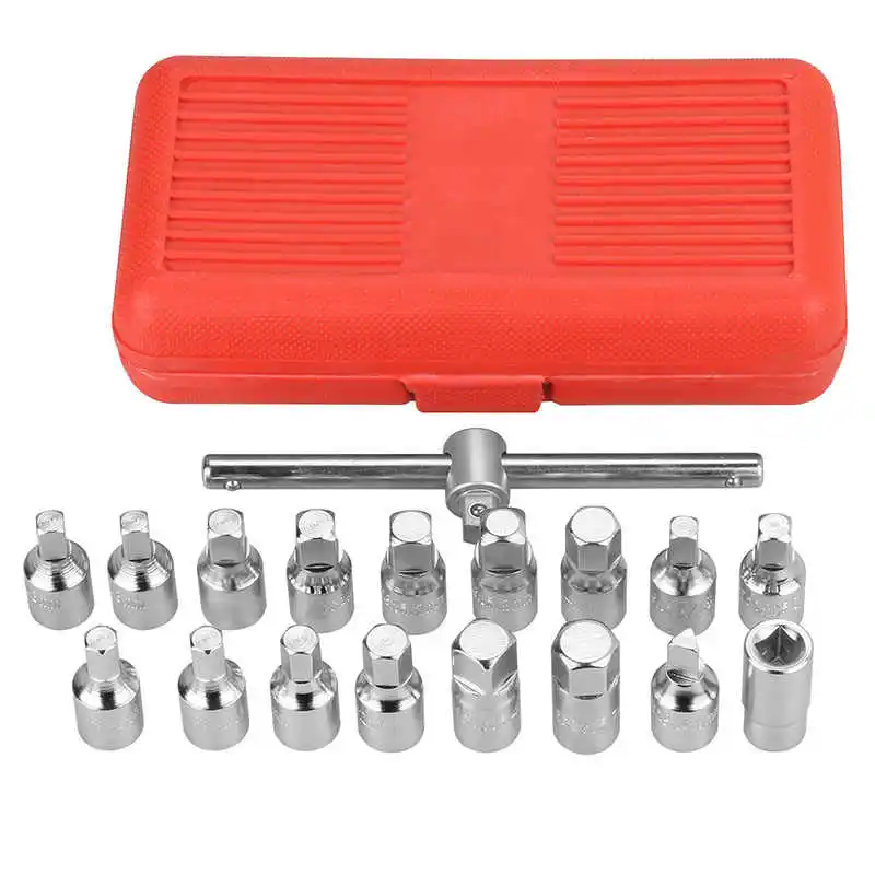 18 PCS Oil Drain Pipe Plug Socket Set Screws Removal Tool Triangle Square Hexagon T-bar Remover Sleeve Special Tools