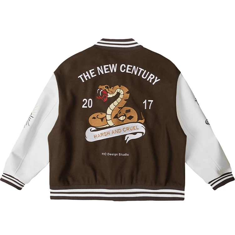 Varsity thick embroidery woolen quality brown college coat custom leather baseball factory bomber jackets for men