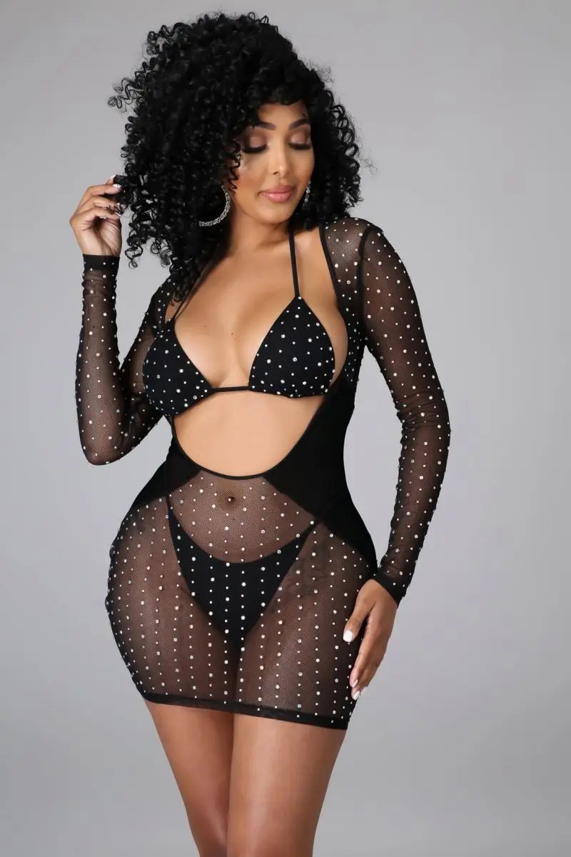 Sexy Lingerie Hot Sale beaded casual Club Dresses Dancer Elegant Black Transparent Rhinestones Night diamond dress